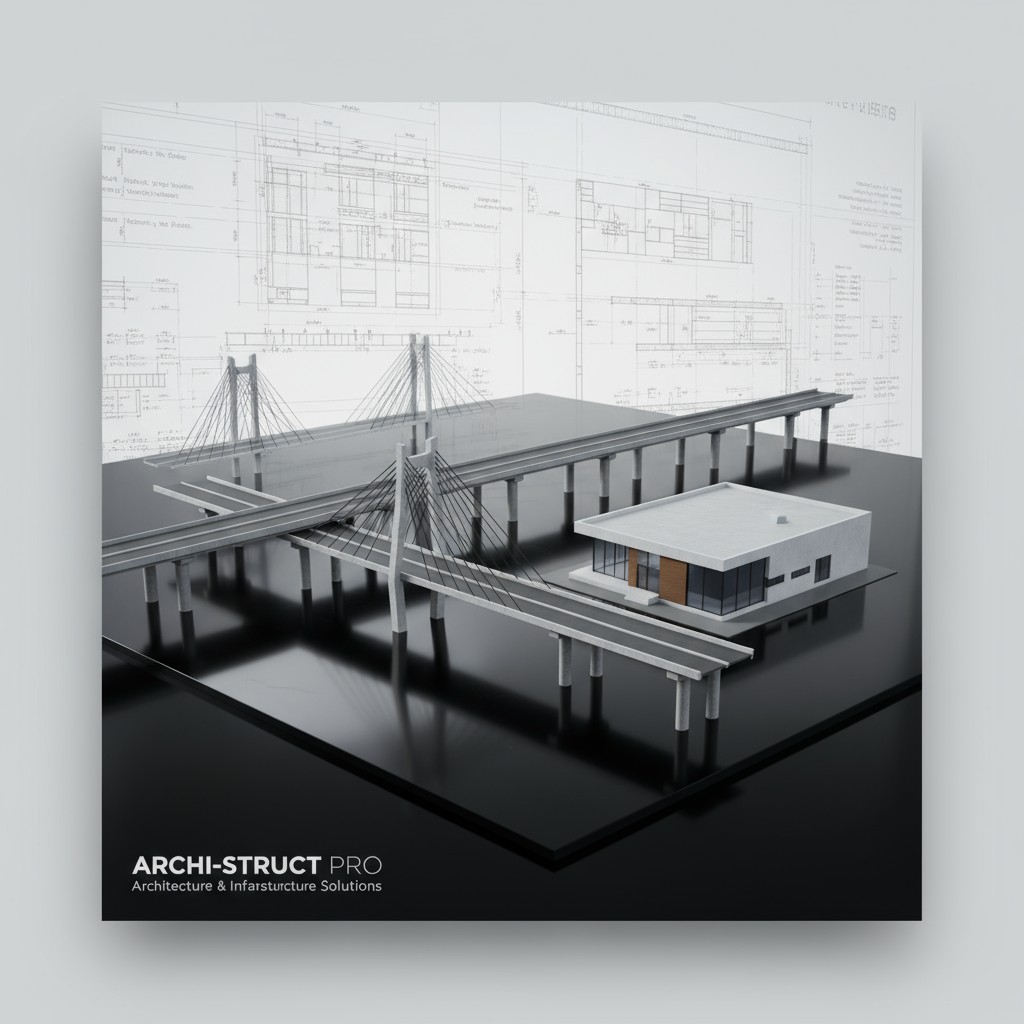 3D Architectural Rendering of a House and Bridge with Architectural Drawings and Plans.