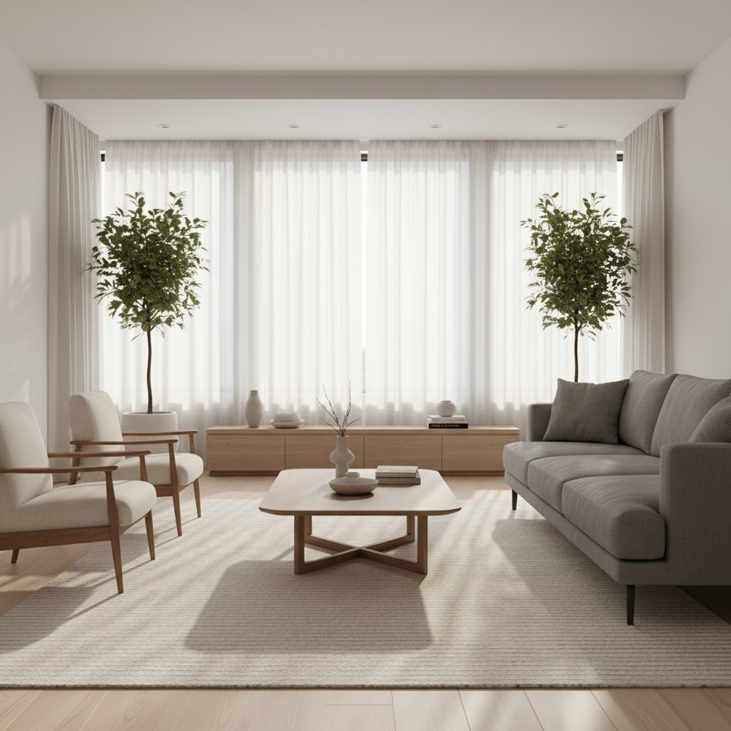 A modern living room with a neutral color palette, featuring a couch, two chairs, a coffee table, and a plant.