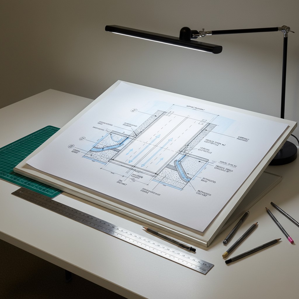 a desk with a blueprint, various drafting tools and a light fixture.