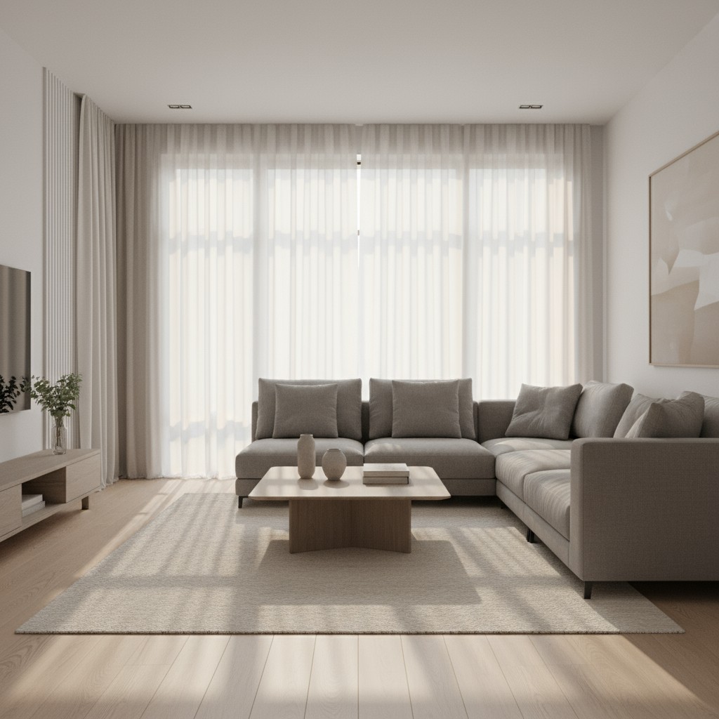 A minimalist modern living room with a light color palette.