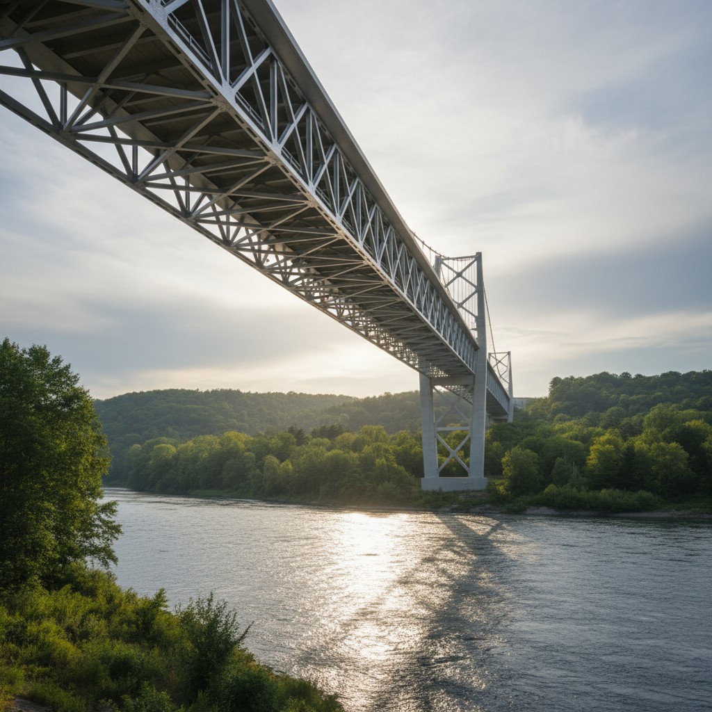 A large metal bridge spans a river, with a swathe of green trees either side and a mostly cloudy sky.