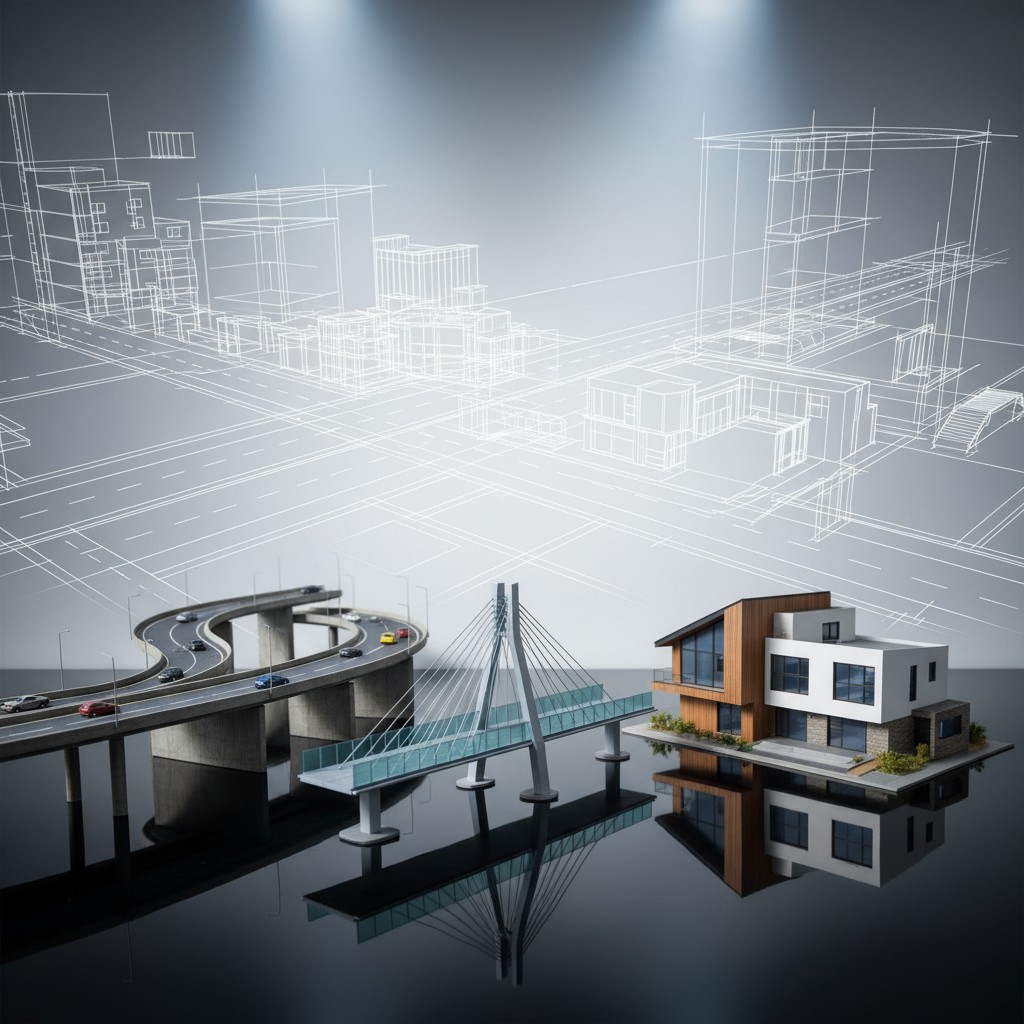 Smart city concept, architectural design, infrastructure development and engineering dream.