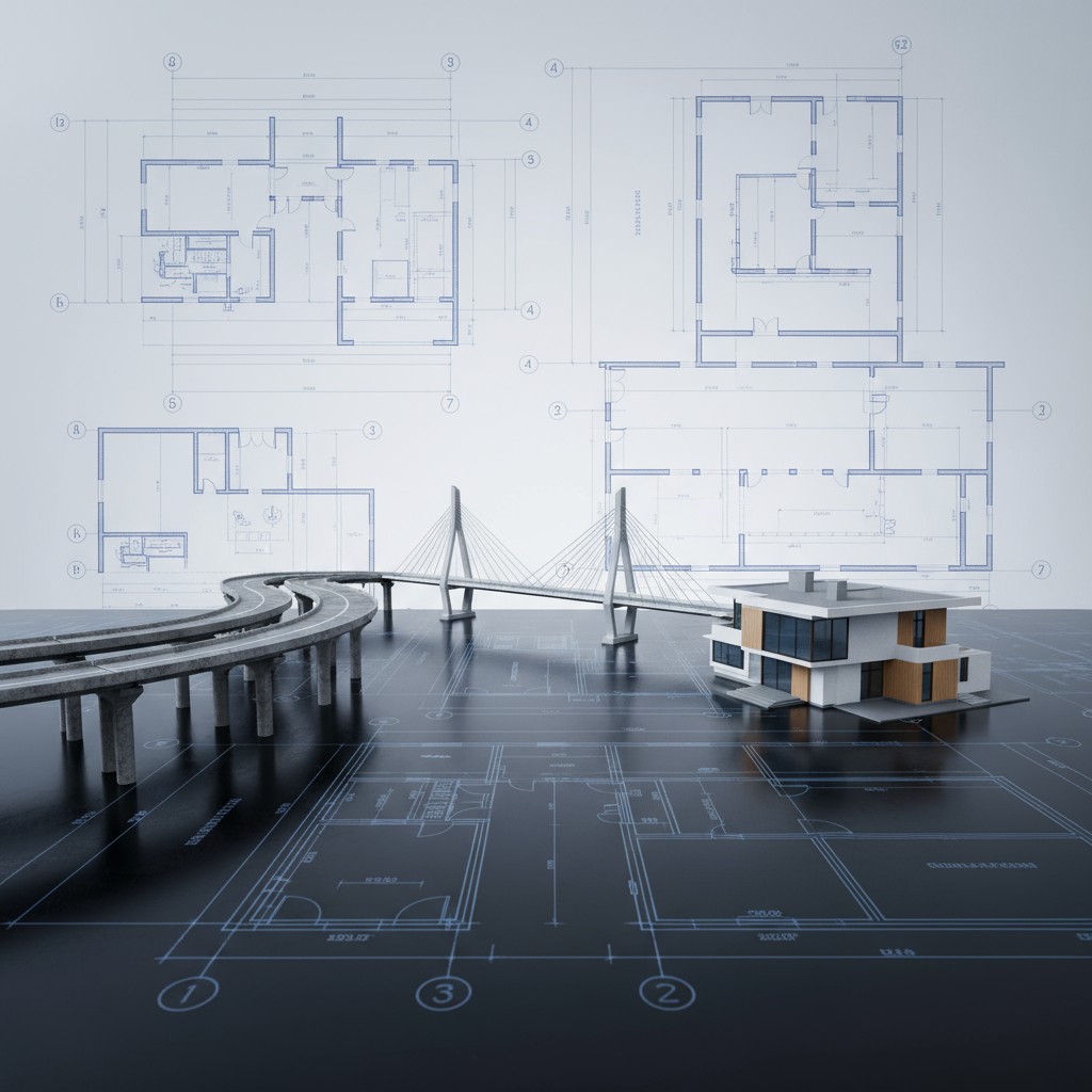3D architectural blueprint with a bridge.