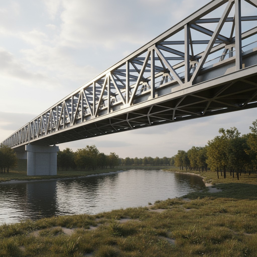 A long, steel bridge spanning a river. Its peaked design tapers down towards the water, showcasing a mostly straight under...